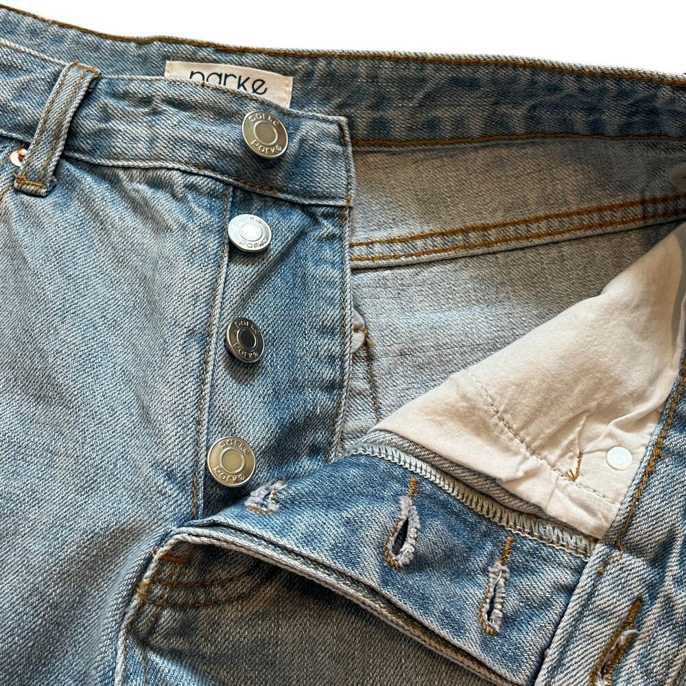 Parke Button Fly Mid Rise Raw Hem Cut Off Denim Shorts Blue Light Wash Size 27 - Picture 6 of 8